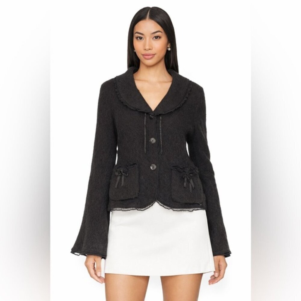 Sandwich_ Wool Black Ruffle Trim Bow Tie Bell Sleeve Cardigan Sweater Jacket lg